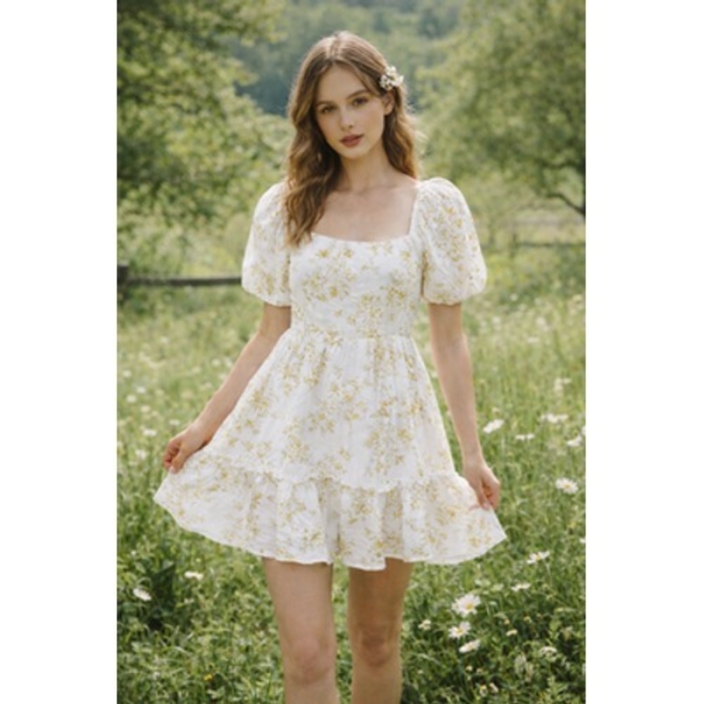 Blu Pepper Floral Puff Sleeve Mini Dress Cottagecore Prairie Medium M White